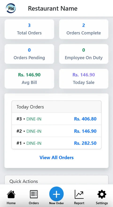 NicePOS mobile dashboard with orders, average bill and today's sale
