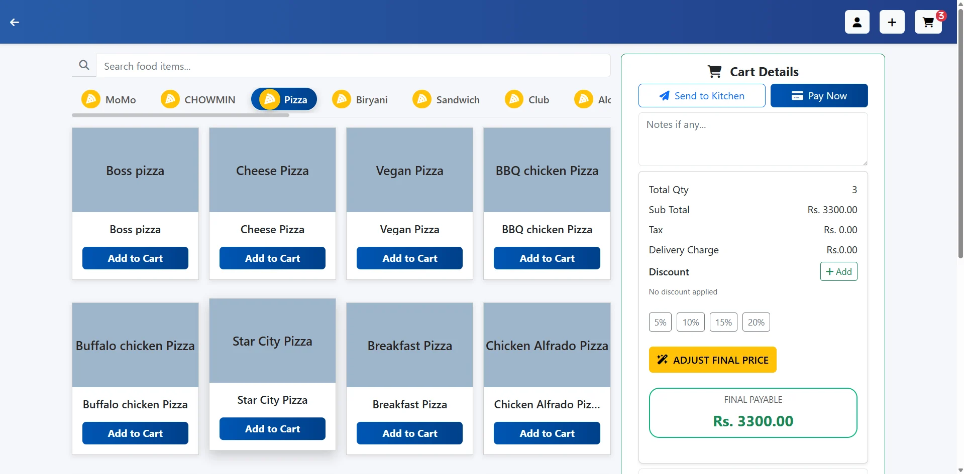 NicePOS order screen with menu categories, items and cart details