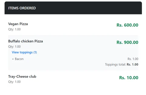 Items ordered list showing pizzas with a bacon topping and prices